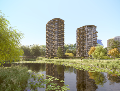 Modern apartment buildings by the shore of a tranquil lake, surrounded by green trees and colorful plants.