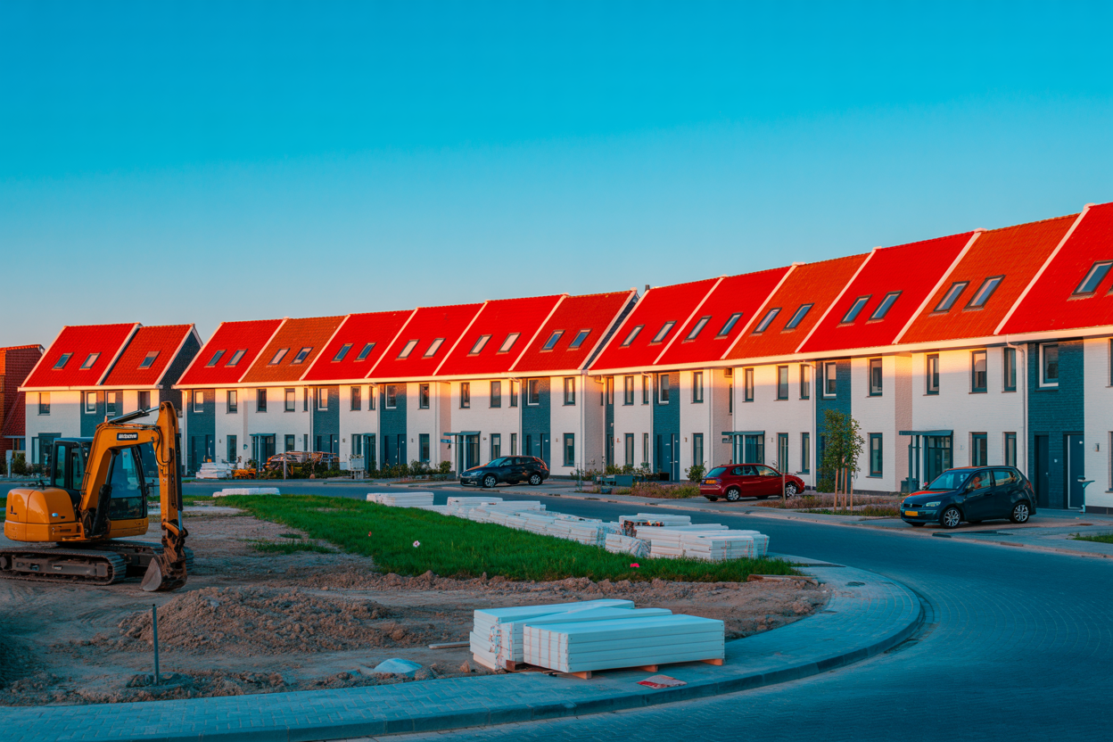 Nieuwbouwwoningen met felrode daken aan een straat, met bouwmaterialen op de voorgrond en een graafmachine.