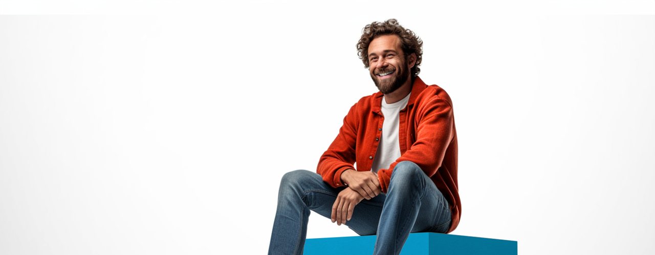 Jongen in een feloranje sweater zit op een turquoise blok en kijkt aandachtig naar de camera.