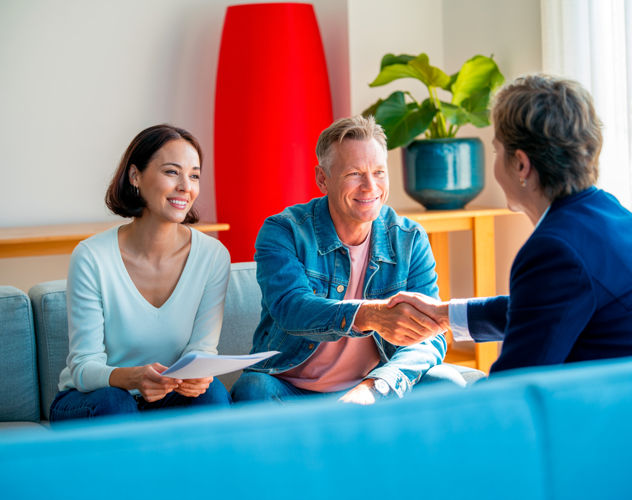 Een vrouw en een man schudden elkaar de hand, terwijl een andere vrouw hen vanuit de achtergrond gadeslaat, met een moderne meubelscene op de achtergrond.