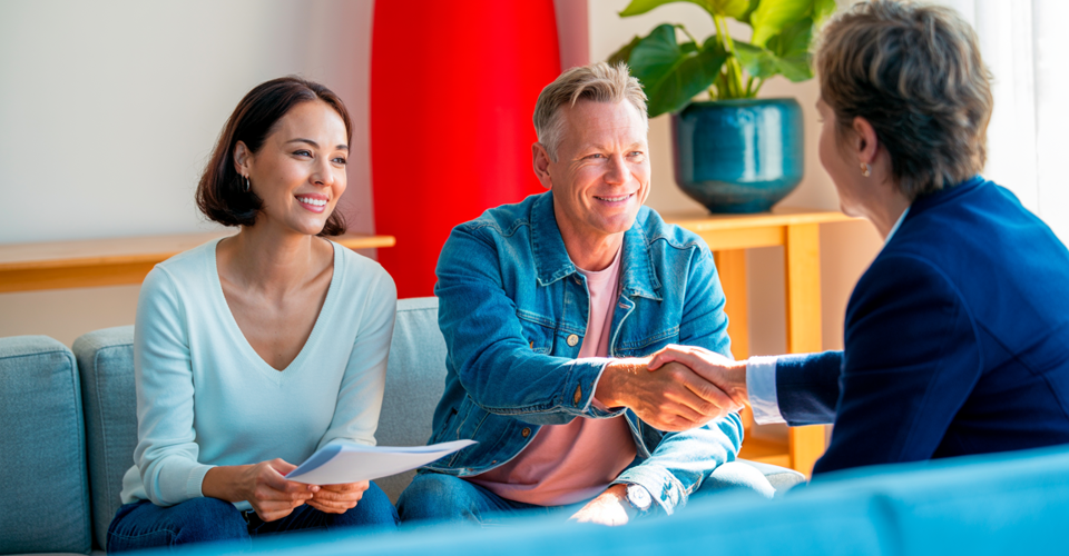 Een vrouw en een man schudden elkaar de hand, terwijl een andere vrouw hen vanuit de achtergrond gadeslaat, met een moderne meubelscene op de achtergrond.