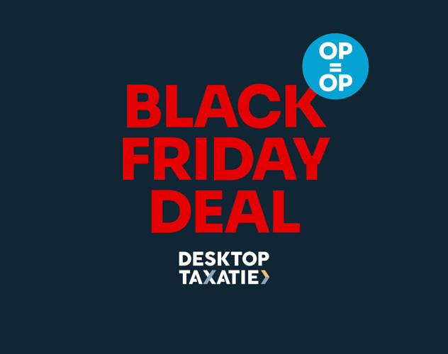Black Friday-aanbieding voor Desktop Taxatie, met grote rode letters op een donkere achtergrond.