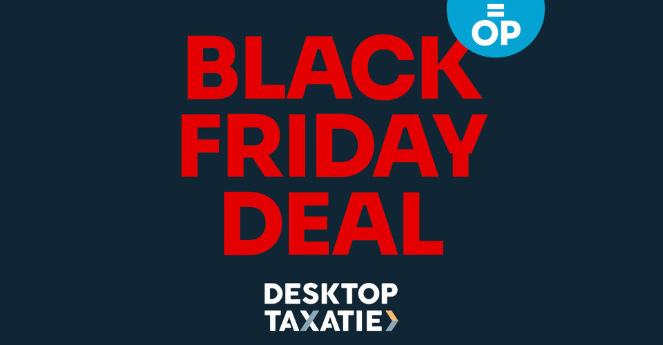 Black Friday-aanbieding voor Desktop Taxatie, met grote rode letters op een donkere achtergrond.