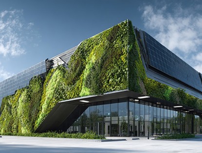 Moderne kantoorgebouw met een groene gevel bedekt met planten en zonnepanelen op het dak.