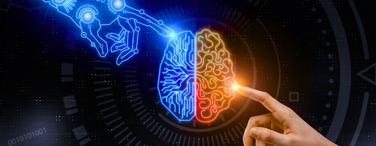 Interactive image where a hand touches a glowing right hemisphere of the brain, featuring technological elements and a circuit pattern.
