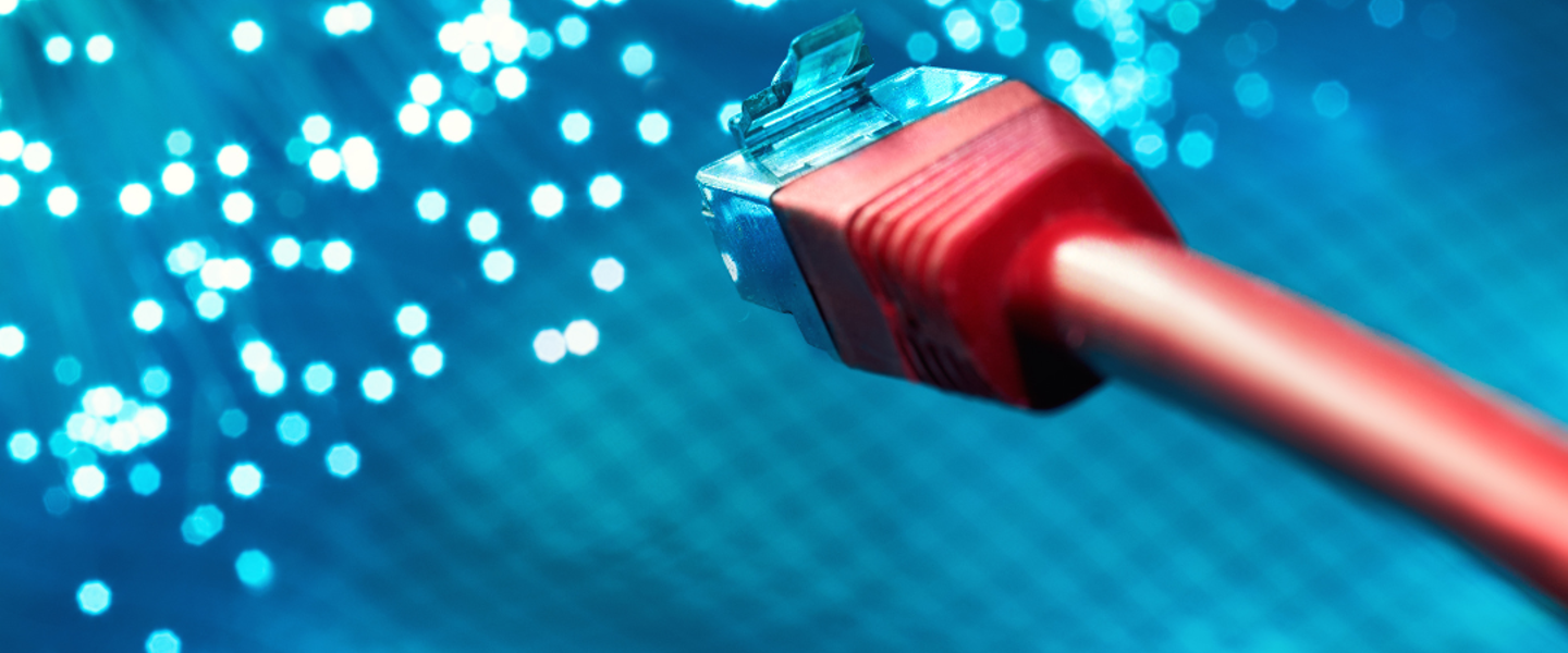 Red-bordered network cable with a transparent connector, against a background of blue light reflections.