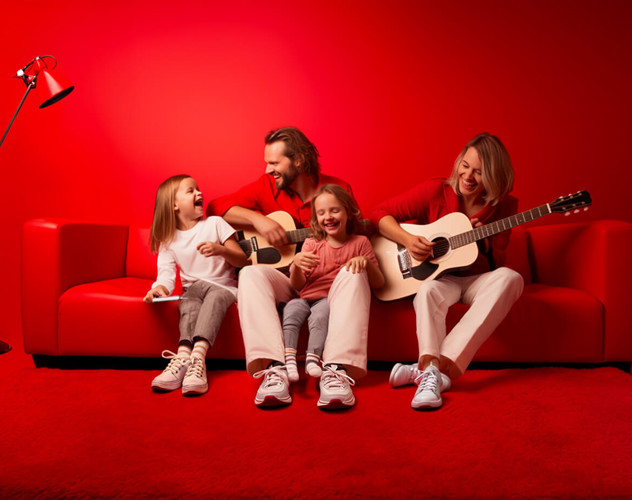 Twee volwassenen en twee kinderen zitten op een rode bank en spelen samen gitaar in een sfeervolle, rode kamer.