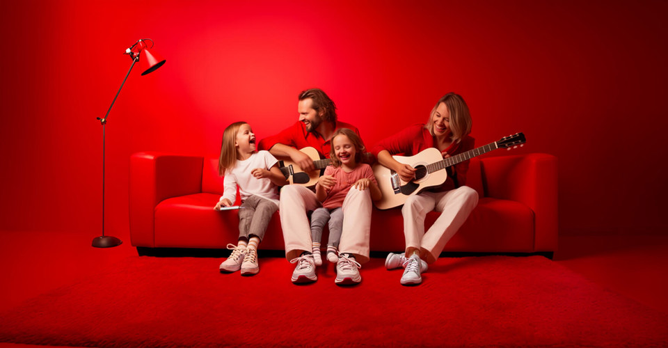 Twee volwassenen en twee kinderen zitten op een rode bank en spelen samen gitaar in een sfeervolle, rode kamer.