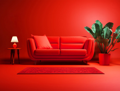 Een felrood bankstel met kussens, een rood vloerkleed, een ronde bijzettafel met een lamp en een grote groene plant in een pot, alles tegen een rode achtergrond.