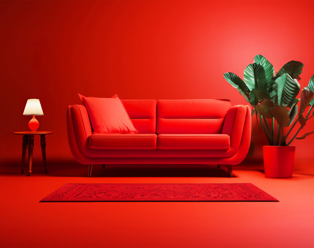 Een felrood bankstel met kussens, een rood vloerkleed, een ronde bijzettafel met een lamp en een grote groene plant in een pot, alles tegen een rode achtergrond.