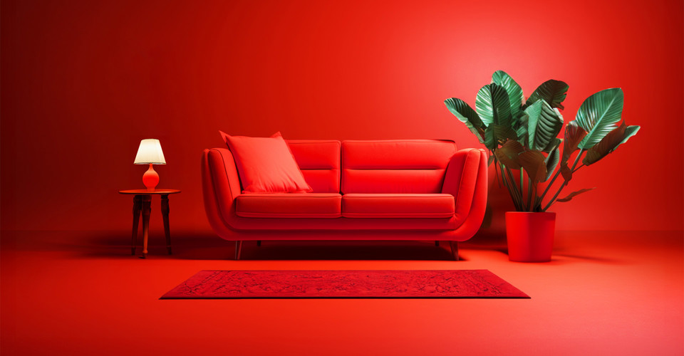 Een felrood bankstel met kussens, een rood vloerkleed, een ronde bijzettafel met een lamp en een grote groene plant in een pot, alles tegen een rode achtergrond.