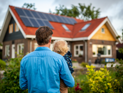 Vader houdt zijn peuter vast terwijl hij naar zijn huis met zonnepanelen kijkt, omringd door een groene tuin.