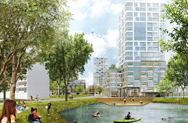 Moderne wooncomplexen aan een rustige waterkant, omringd door groene bomen en mensen die ontspannen en recreëren.