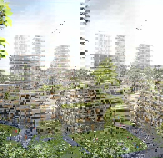 Moderne huizen met groene daken en tuinen, omringd door bomen, waar mensen ontspannen en spelen in een park.