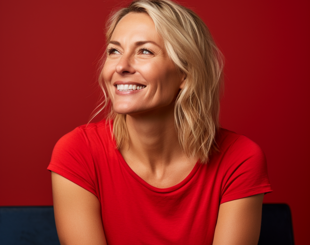 Vrouw in een rood shirt, zittend tegen een helderrode achtergrond, met schouderlang haar en een ontspannen houding.
