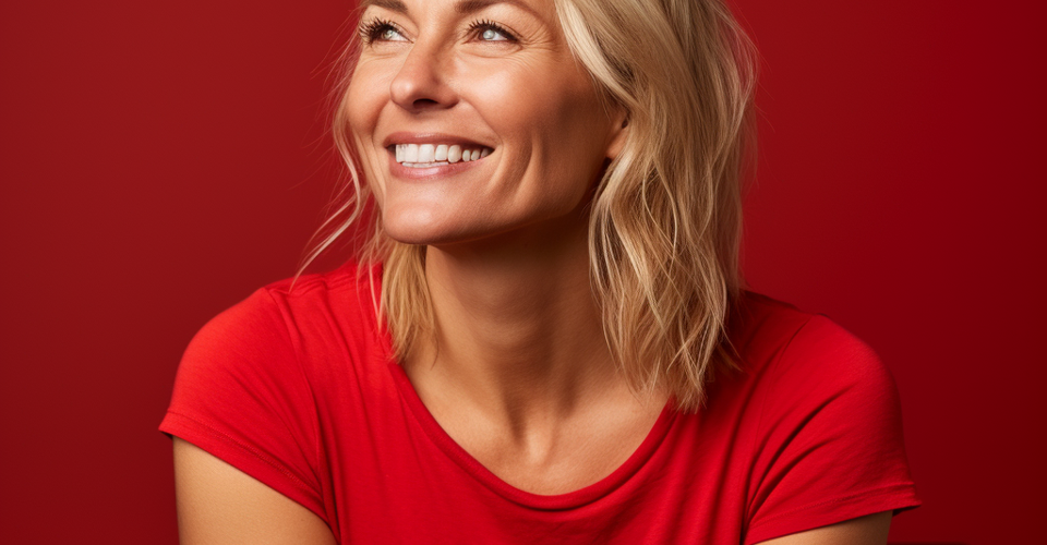 Vrouw in een rood shirt, zittend tegen een helderrode achtergrond, met schouderlang haar en een ontspannen houding.