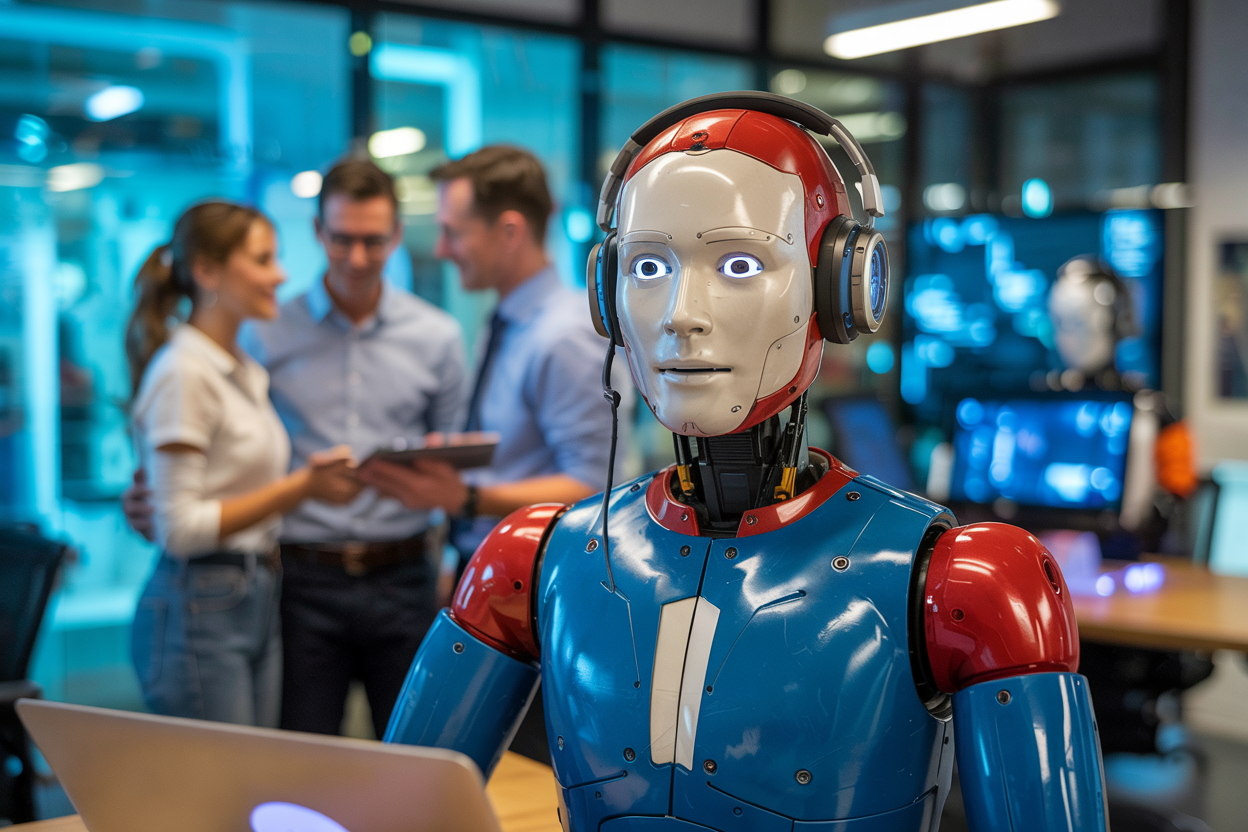 Een rode humanoïde robot met een headset staat voor een groep mensen die met elkaar praten in een moderne kantooromgeving.