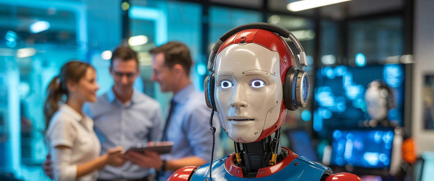 Een rode humanoïde robot met een headset staat voor een groep mensen die met elkaar praten in een moderne kantooromgeving.