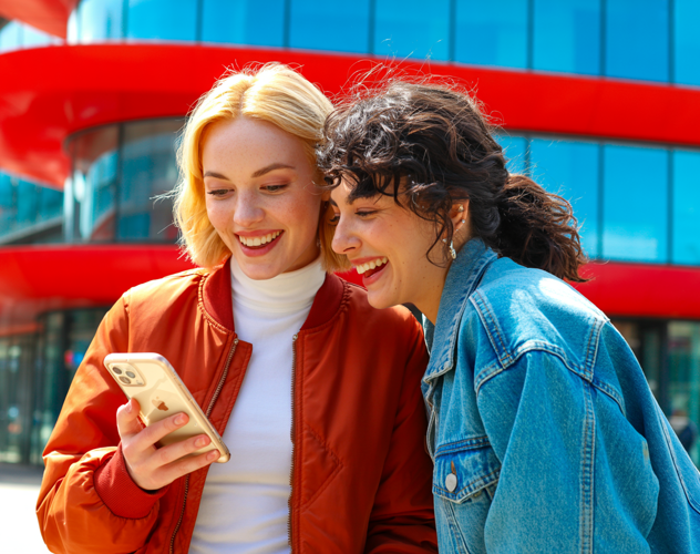 Twee mensen in casual kleding staan naast elkaar en kijken samen naar een smartphone. Op de achtergrond is een modern gebouw met rode elementen zichtbaar.