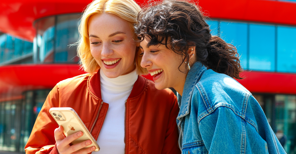 Twee mensen in casual kleding staan naast elkaar en kijken samen naar een smartphone. Op de achtergrond is een modern gebouw met rode elementen zichtbaar.