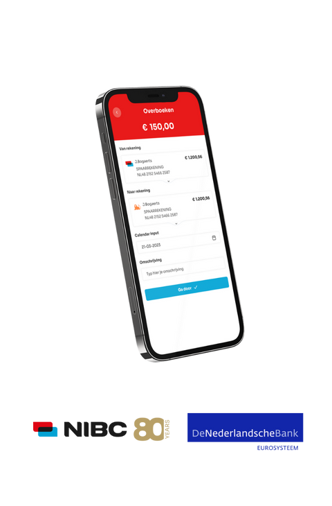 Smartphone met een bankapp, waarop het overboekingsscherm zichtbaar is met een bedrag van €150,00. Onderaan staan de logo's van ING en De Nederlandsche Bank.