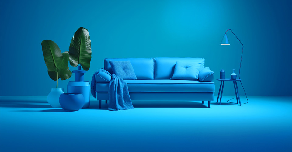 Blauwe studio met een blauwe bank.