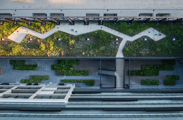 Aerial view of a green rooftop garden design featuring a winding path between various plants and seating areas.