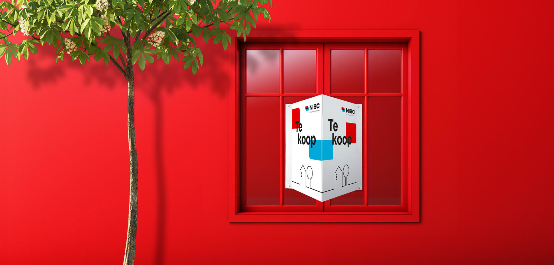 Wit bord met de tekst Te koop in een rood kader, naast een boom met groene bladeren.