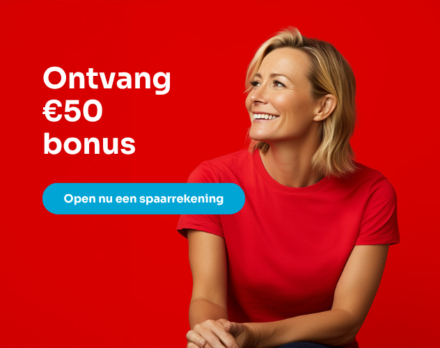 Afbeelding vrouw kijkt naar tekst Ontvang 50 euro bonus. Open nu een spaarrekening. Actie geldig tot en met 7 december 2025