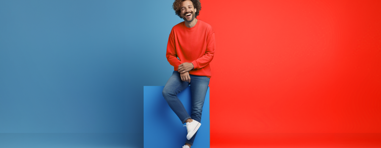 Persoon in een felrode trui zit op een blauwe kubus, met een heldere blauwe achtergrond aan de linkerkant en een heldere rode achtergrond aan de rechterkant.