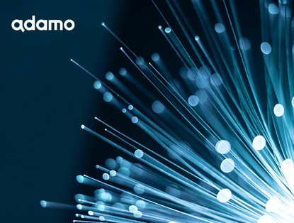 Blue light rays and dots radiating from a central source, evoking a sense of movement and technology.