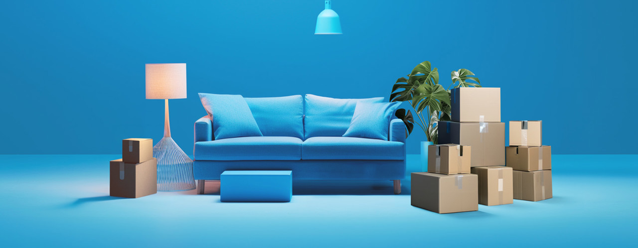 Moderne woonkamer met een blauw bankstel, een lamp, een plant en verhuisdozen op een blauwe achtergrond.