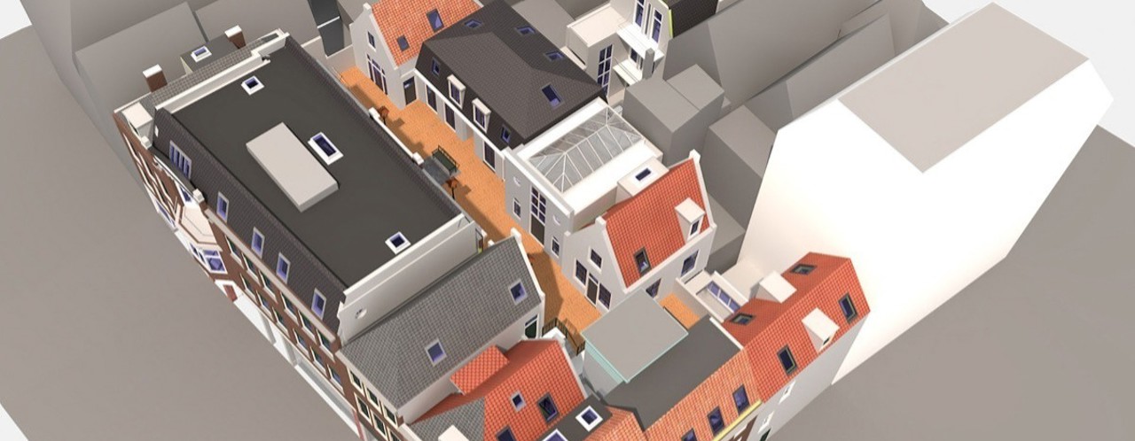 3D-model van een stedelijk gebied met huizen, daken in diverse kleuren en een centraal pad tussen de gebouwen.