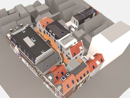 3D model of an urban area featuring houses with roofs in various colors and a central pathway between the buildings.