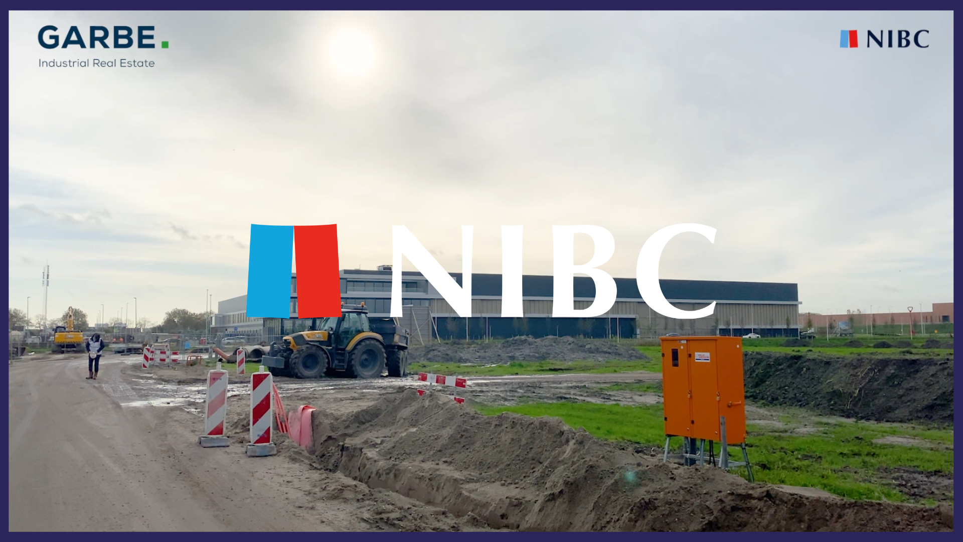 NIBC logo at a construction site with a yellow construction vehicle and building materials, under a cloudy sky.
