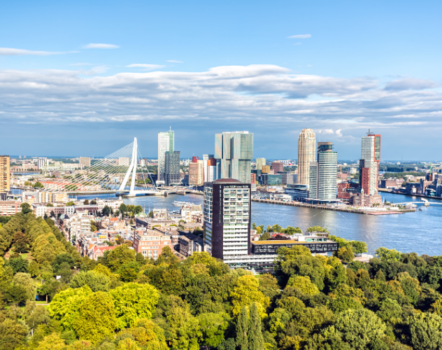Panoramisch uitzicht over Rotterdam met de Erasmusbrug en een moderne skyline aan de Maas, omringd door groen.