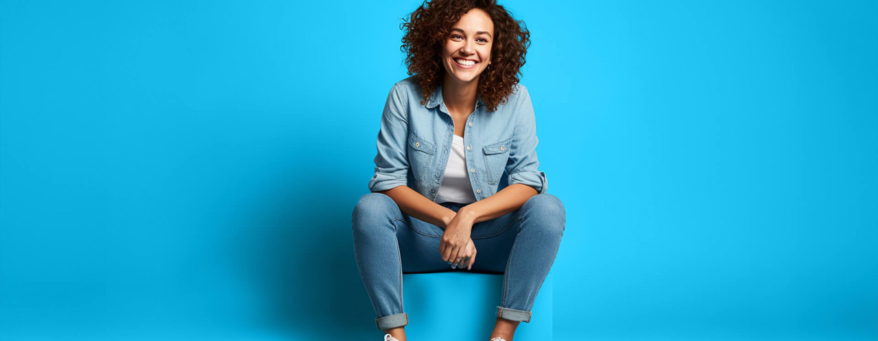 Vrouw in een spijkeroutfit zit ontspannen tegen een blauwe achtergrond.