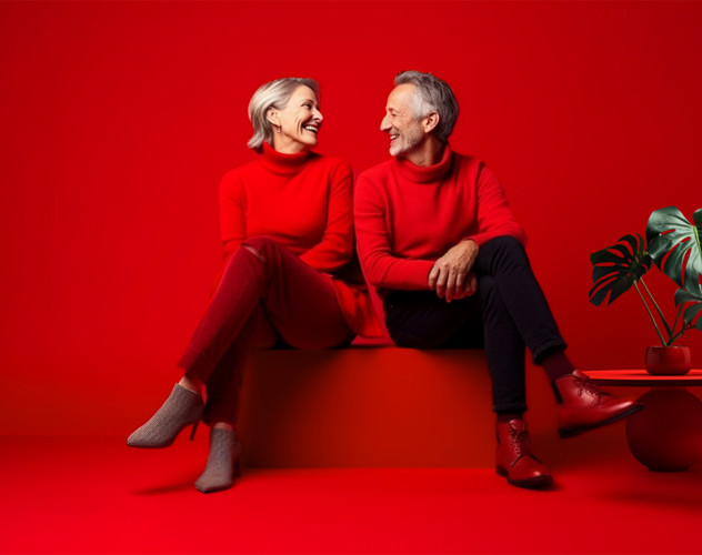 Twee mensen in rode outfits zitten op een felrode bank, met een groene plant en een rode tafel op de achtergrond.