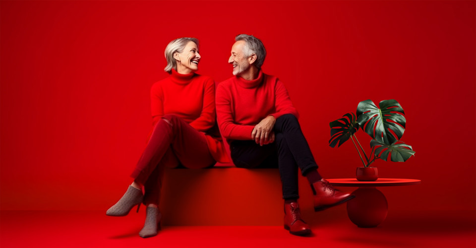 Twee mensen in rode outfits zitten op een felrode bank, met een groene plant en een rode tafel op de achtergrond.