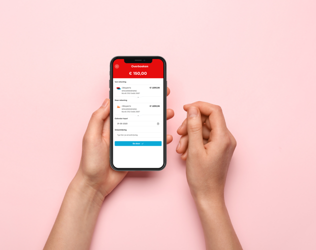 Een persoon houdt een smartphone vast met daarop een betalingsscherm dat een bedrag van € 160,00 toont.