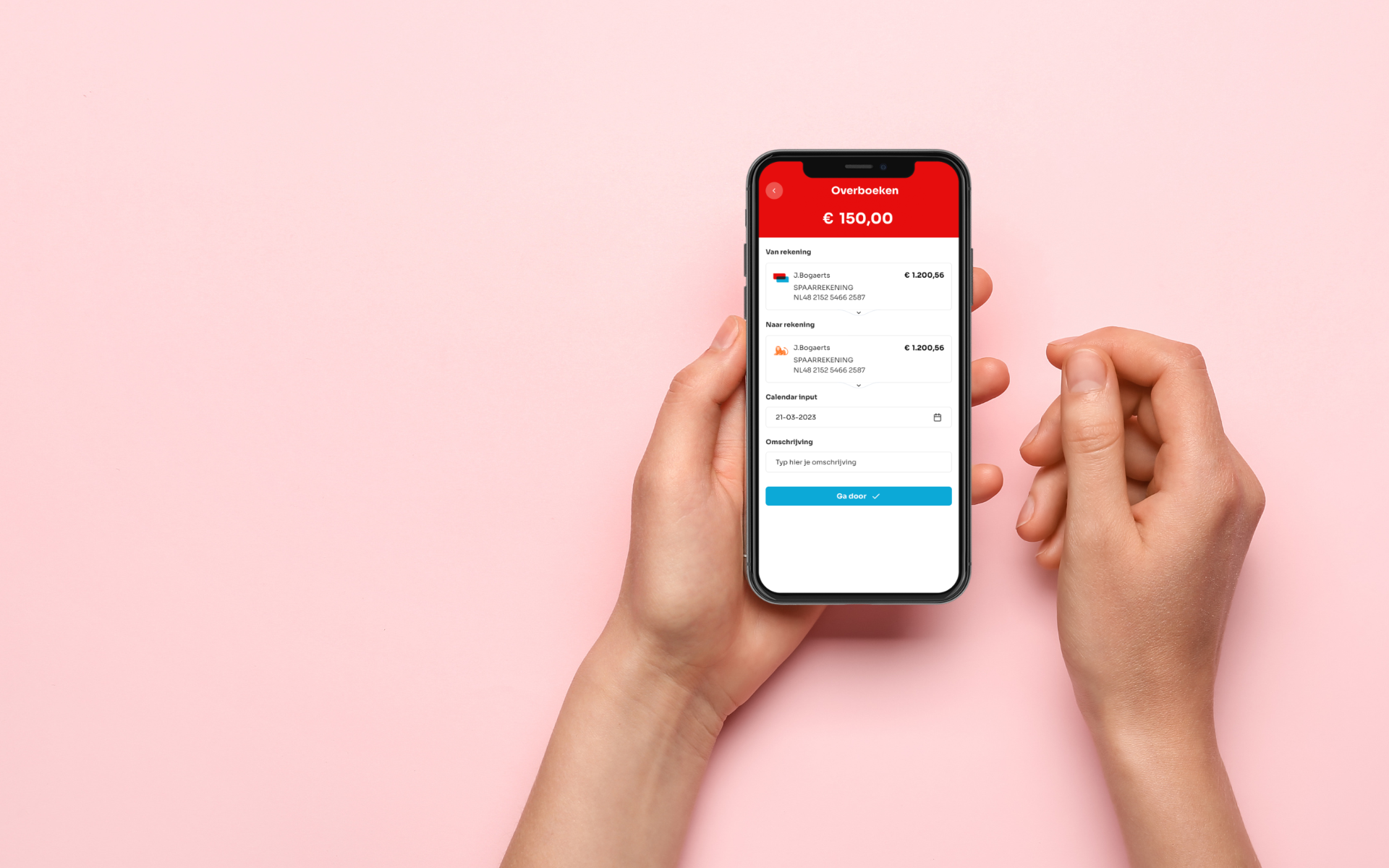 Een smartphone in hand met een betalingsscherm dat een bedrag van 150,00 euro toont, op een roze achtergrond.