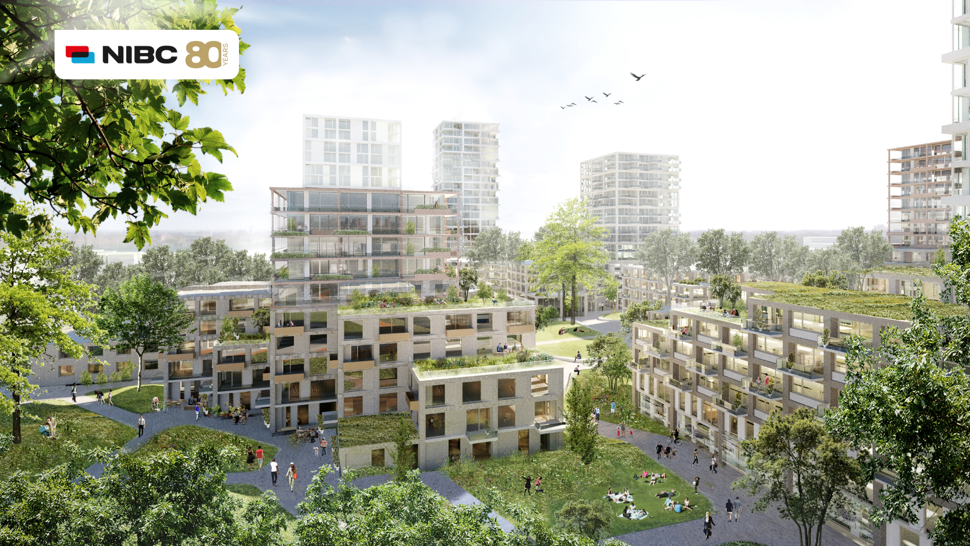 Moderne woningen met groene daken en tuinen, omringd door bomen en open ruimtes, met mensen die buiten van de zon genieten. Bovenaan staat het NIBC-logo.