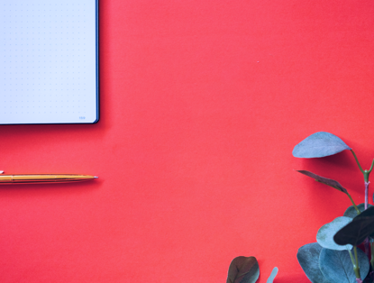 Licht notitieboek met een pen en een groene plant op een felrode achtergrond.