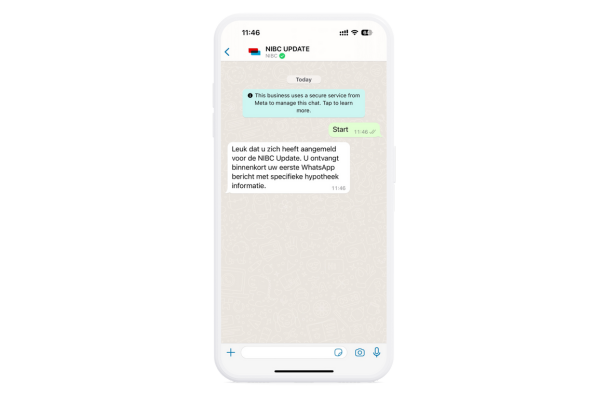 Screenshot van een WhatsApp-bericht met informatie over het aanvragen van de NIBC Update service, inclusief instructies en tips om te starten.